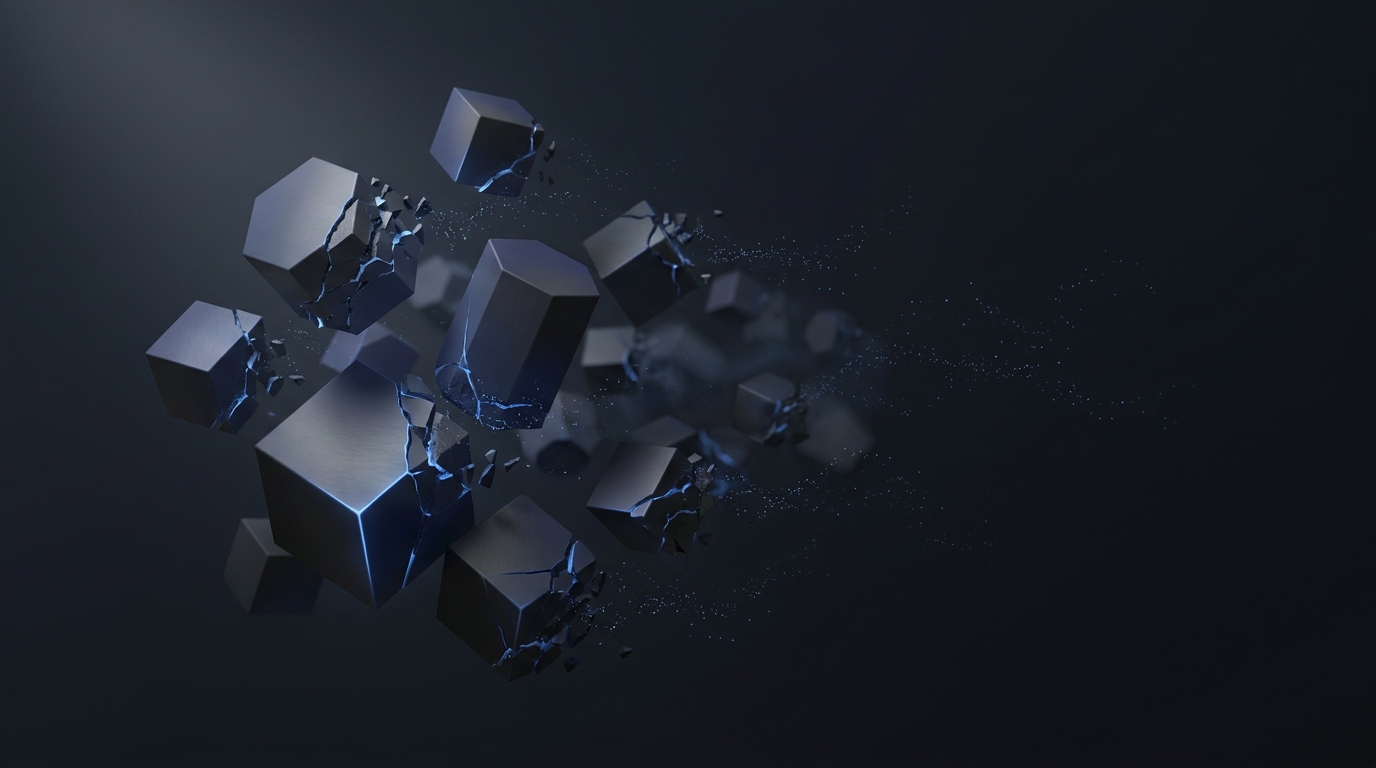 Abstract editorial illustration of crumbling geometric prisms dissolving into particle trails against a deep slate background with electric blue accent lighting.