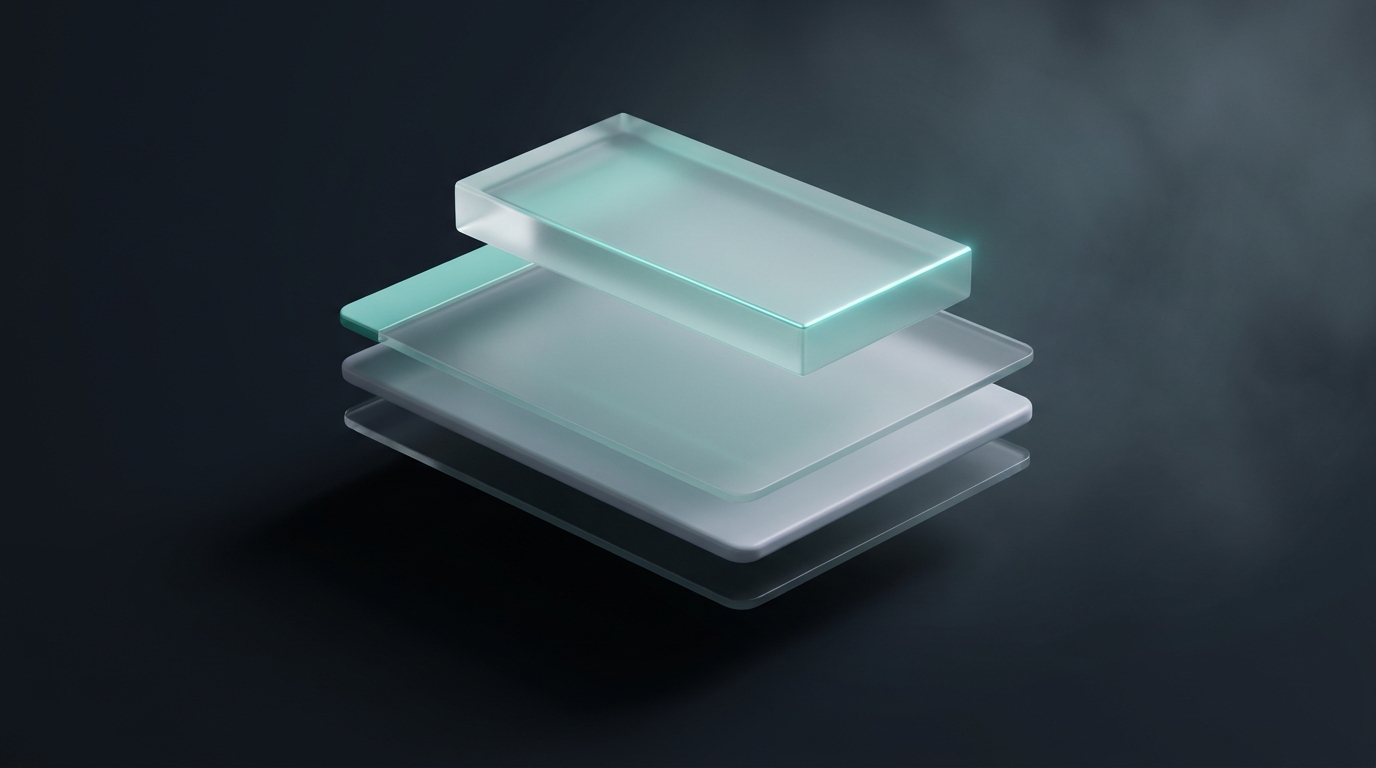 Abstract 3D illustration of layered translucent geometric planes stacked at angles, lit in cool teal against a deep slate background, with one suspended prism casting soft shadows