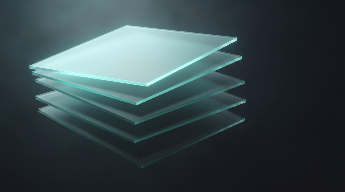 Layered translucent geometric planes stacked at varying depths, lit by a single cool teal light source against a deep slate background.