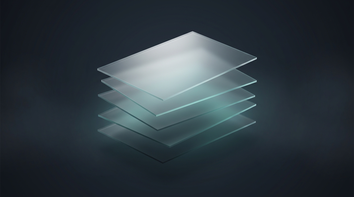Layered translucent planes stacked at slight angles, cool teal accent, deep slate background, soft directional lighting, smooth frosted glass surfaces