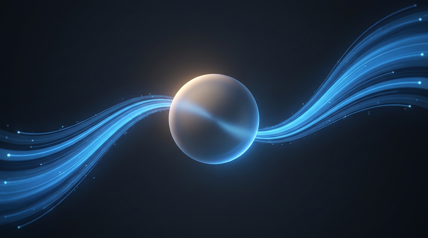 Abstract 3D illustration of flowing electric blue data ribbons curving around a suspended geometric sphere on a deep slate background, soft directional lighting