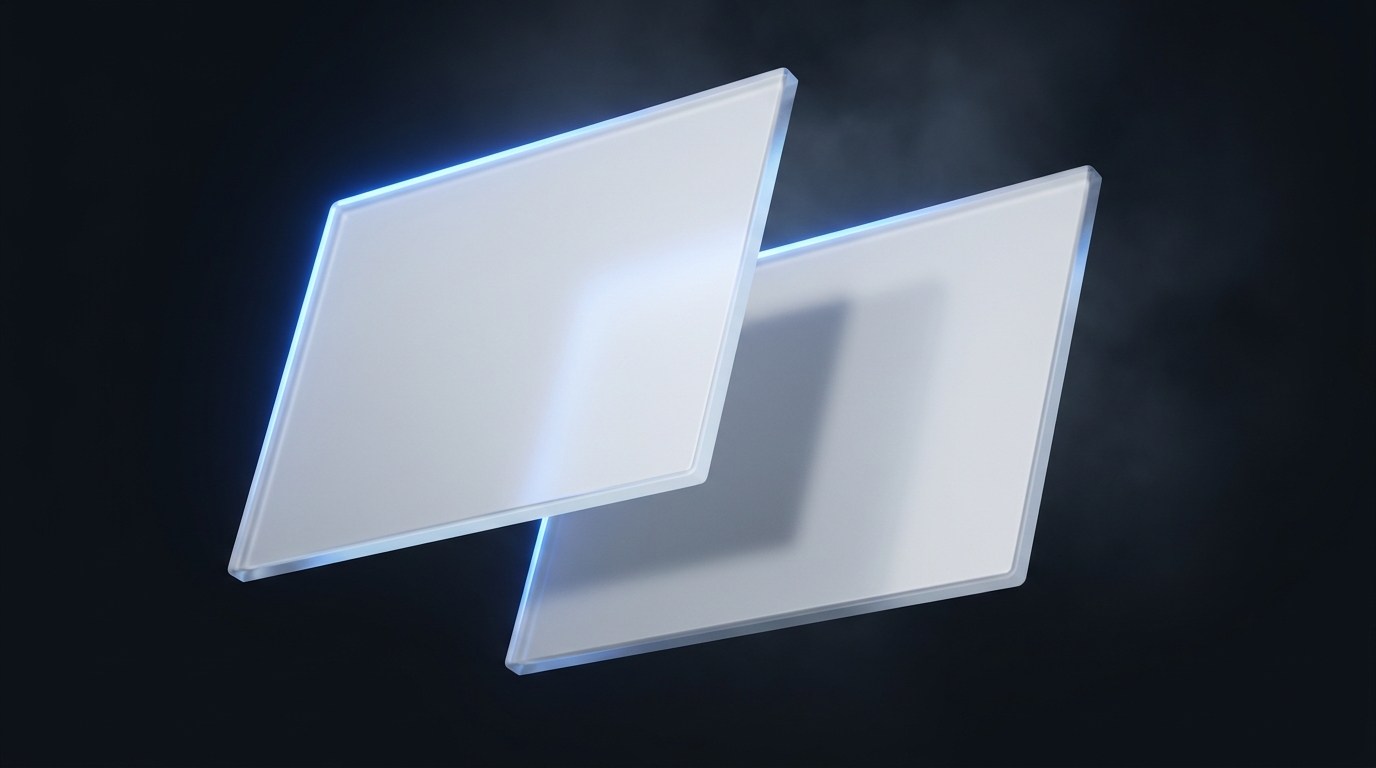 Two layered translucent planes suspended side by side on a dark slate background, lit from above-left with an electric blue accent glow, soft geometric depth.