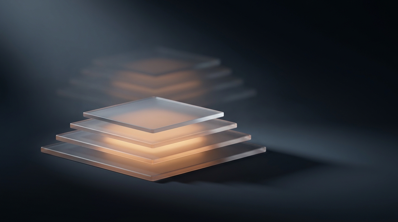 Stacked translucent geometric planes in deep amber hovering against a near-black slate background, lit from a single directional light source with soft atmospheric depth.
