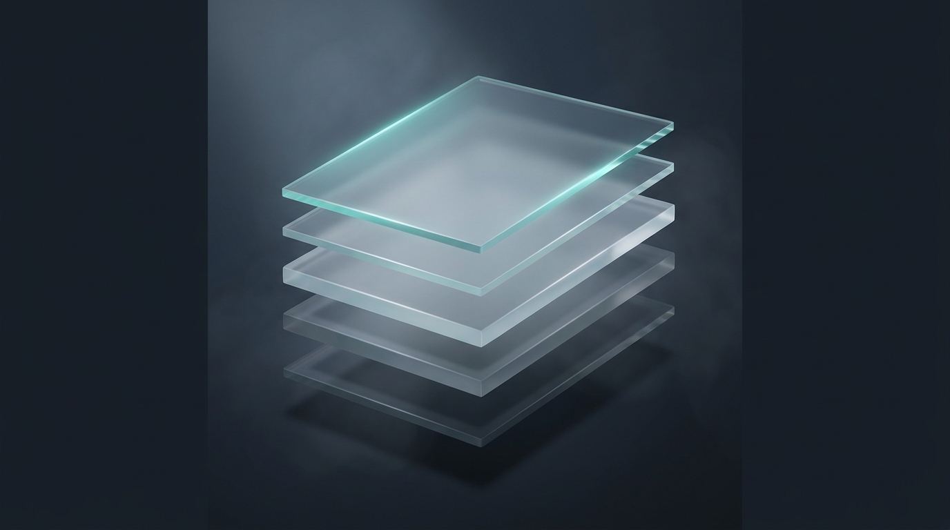 Stacked translucent geometric planes in cool teal hovering above a deep slate surface, lit from a single left-side light source with soft volumetric depth.