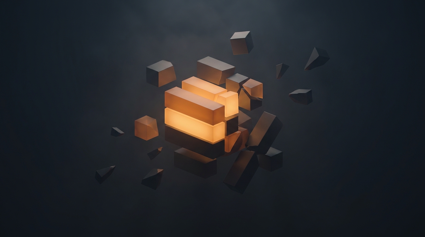 Abstract 3D illustration of cracked and misaligned geometric prisms in deep amber against a near-black slate background, with soft directional lighting.