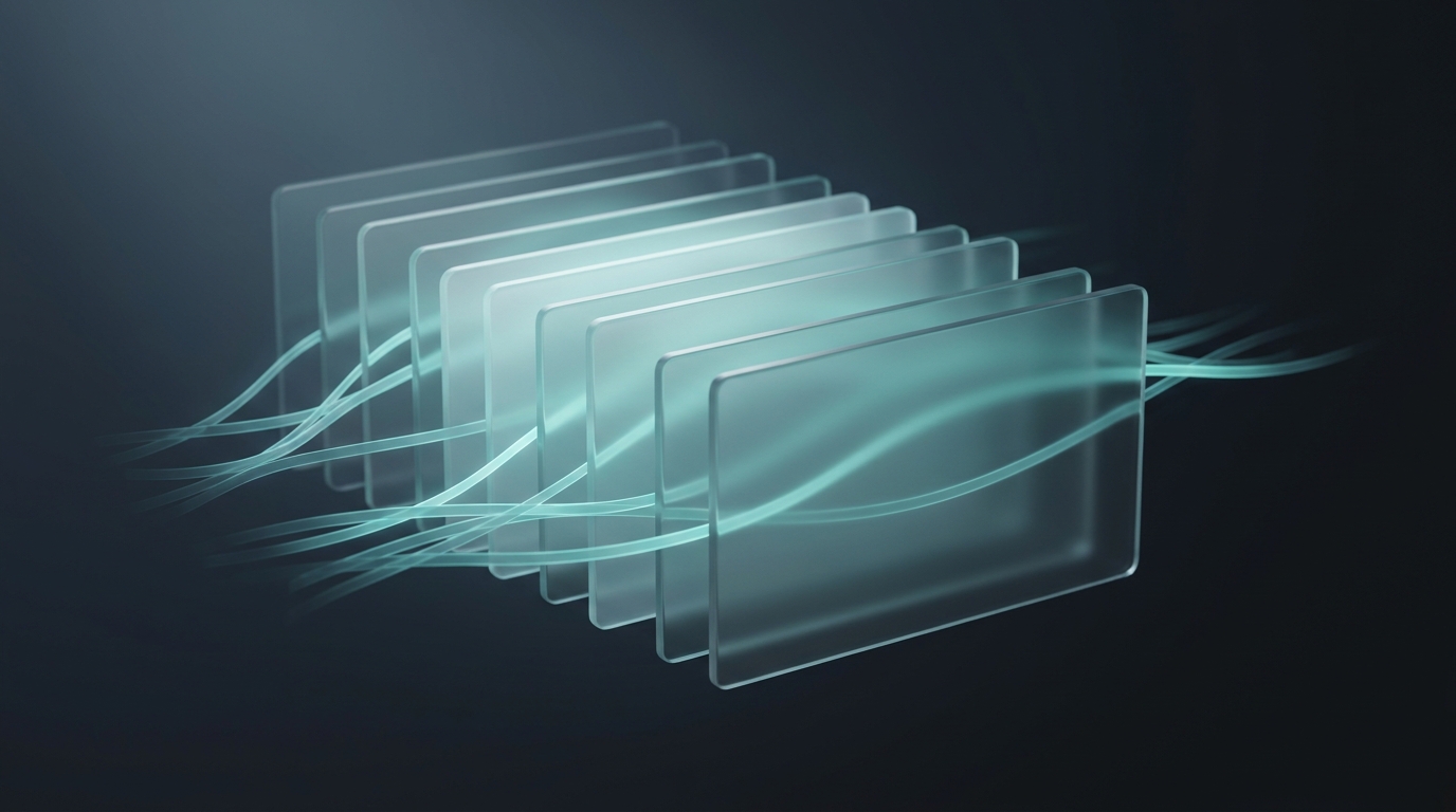 Editorial illustration of layered translucent planes stacked in 3D, lit by cool teal light against a deep slate background, with flowing data ribbons weaving between the layers.