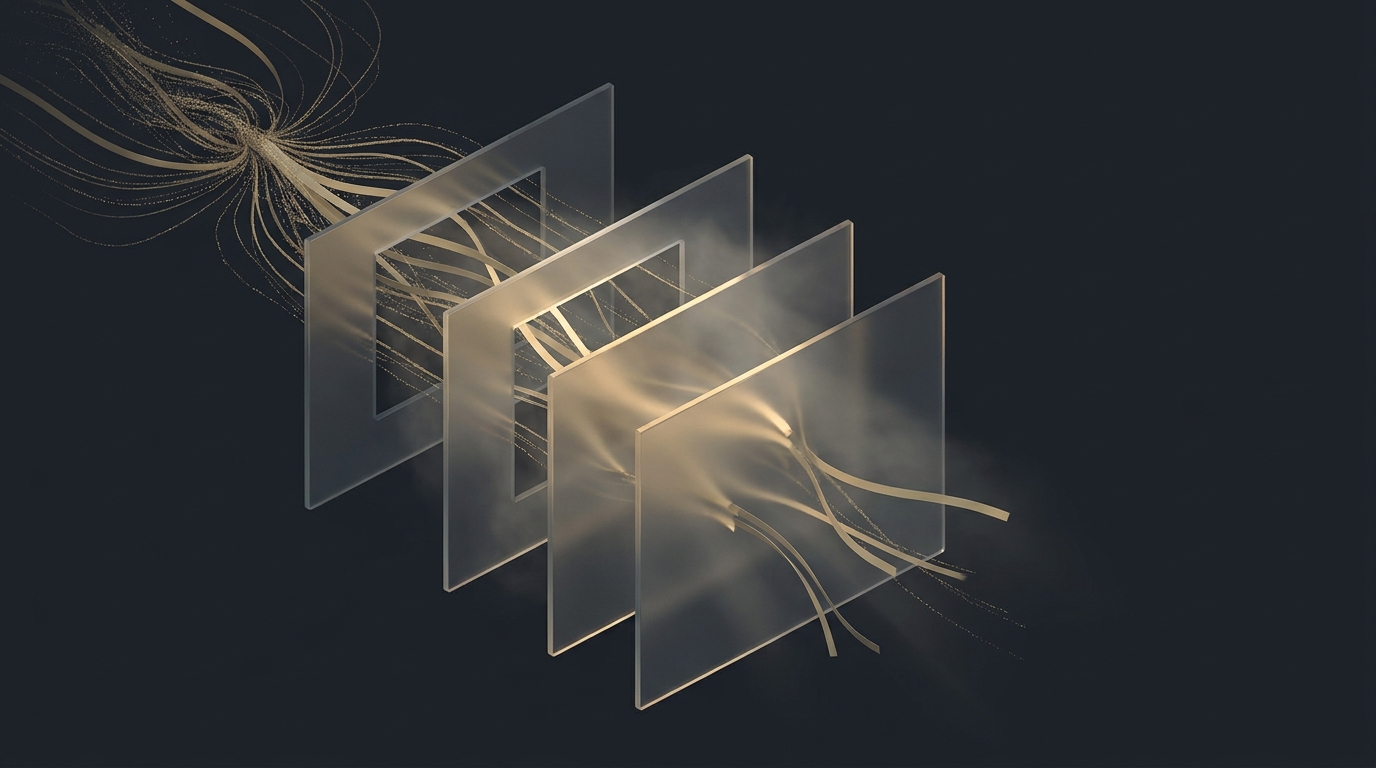 Abstract 3D illustration of glowing muted gold data ribbons flowing through layered translucent planes on a deep slate background, soft directional lighting