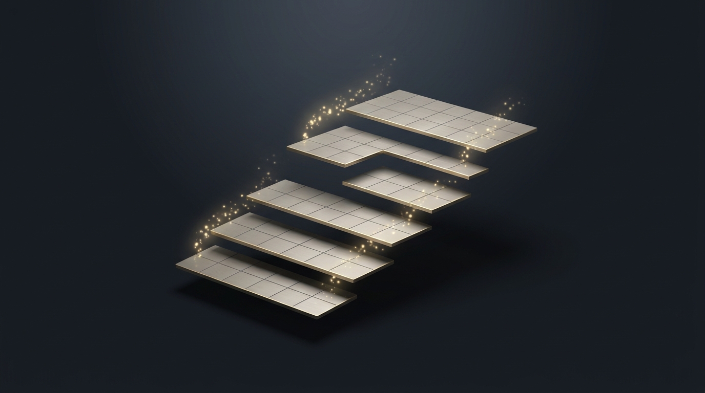 Abstract 3D illustration of layered gridded topographic planes in muted gold rising from a deep slate background with soft directional light.