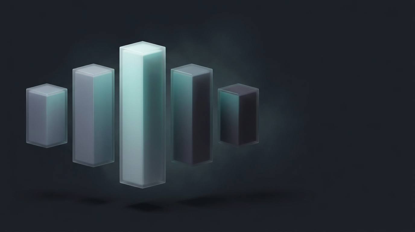 Five suspended geometric prisms of varying heights arranged in a row, lit from the left in cool teal, floating against a deep slate background.