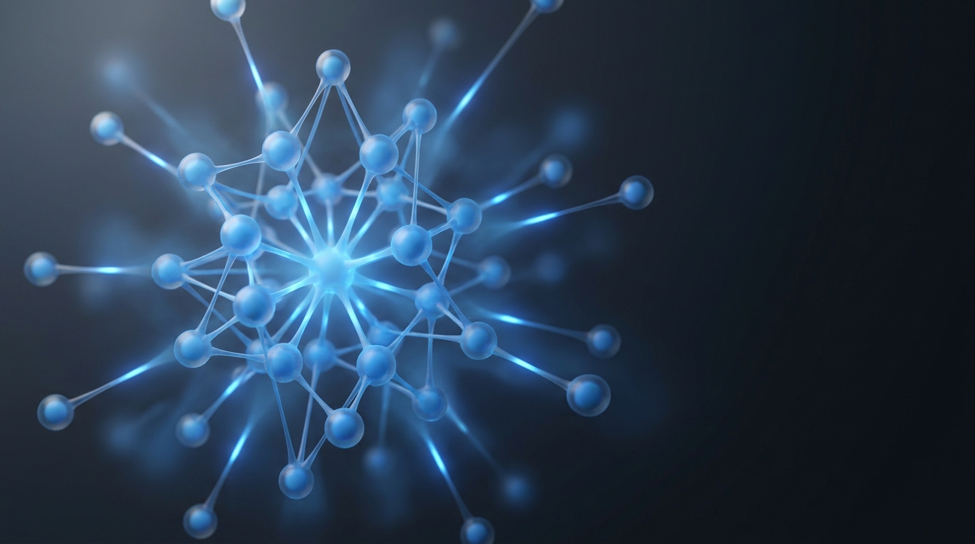 Abstract illustration of glowing connected nodes and light pulses on a deep slate background with electric blue accent lighting and frosted glass geometric forms.