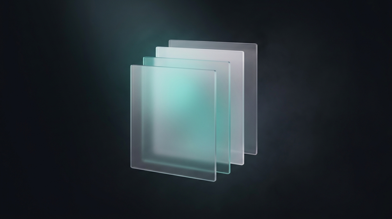 Layered translucent planes of frosted glass stacked and offset, lit by cool teal light, against a deep slate background with soft atmospheric depth.