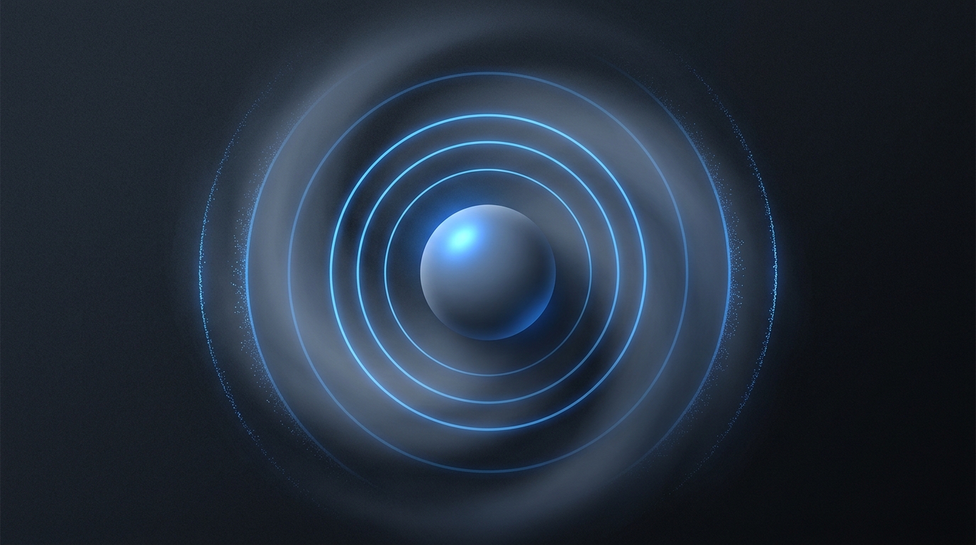 Abstract 3D editorial illustration of concentric ripple rings in electric blue against deep slate, with soft particle trails radiating outward from a central glowing node.