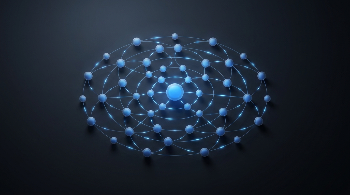 Editorial illustration of glowing connected nodes with electric blue light pulses on deep slate background, suspended geometric network suggesting an AI operating system.