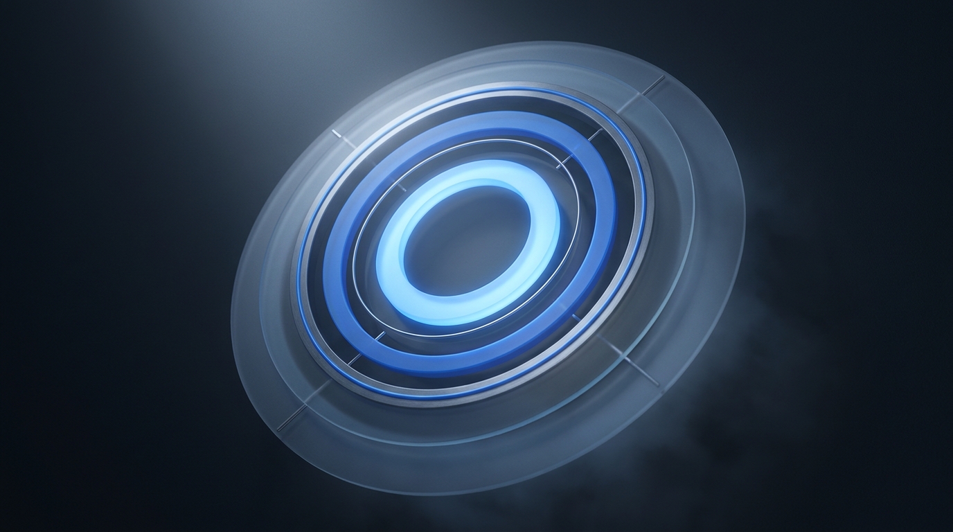 Abstract 3D editorial illustration of glowing electric blue concentric rings suspended over a deep slate background with soft directional light and frosted glass surface treatment