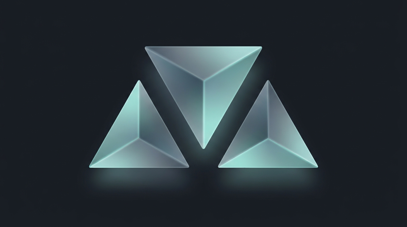 Three suspended geometric prisms in cool teal light, arranged side by side against a deep slate background, each slightly different in scale and depth.