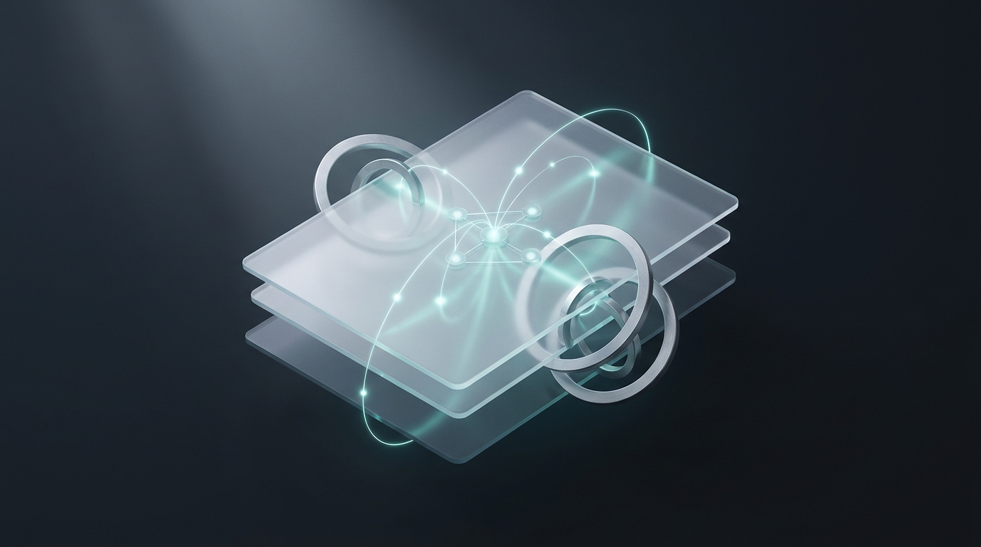 Abstract 3D illustration of layered translucent planes and a central glowing node on a deep slate background with cool teal accent lighting