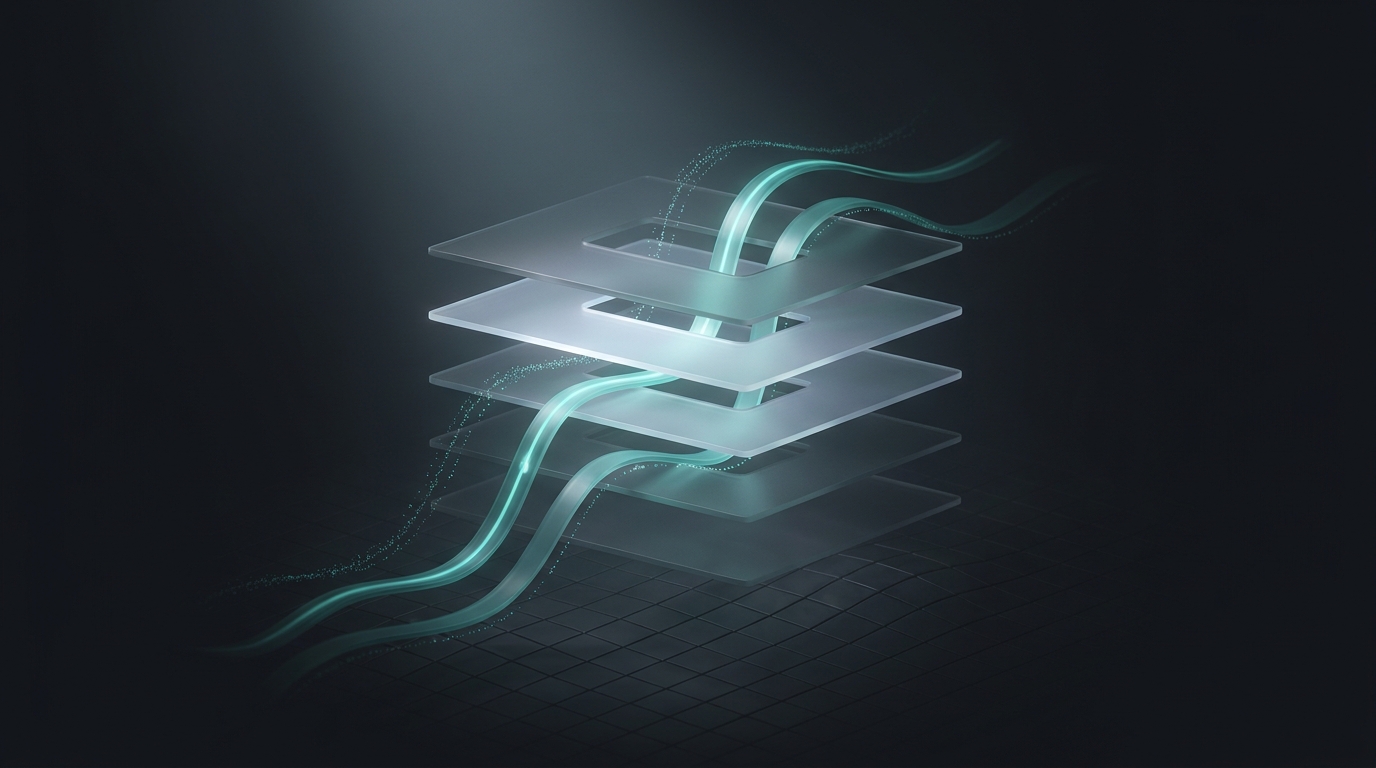 Editorial illustration of glowing teal data ribbons flowing between layered translucent planes on a deep slate background, soft directional light, 3D render