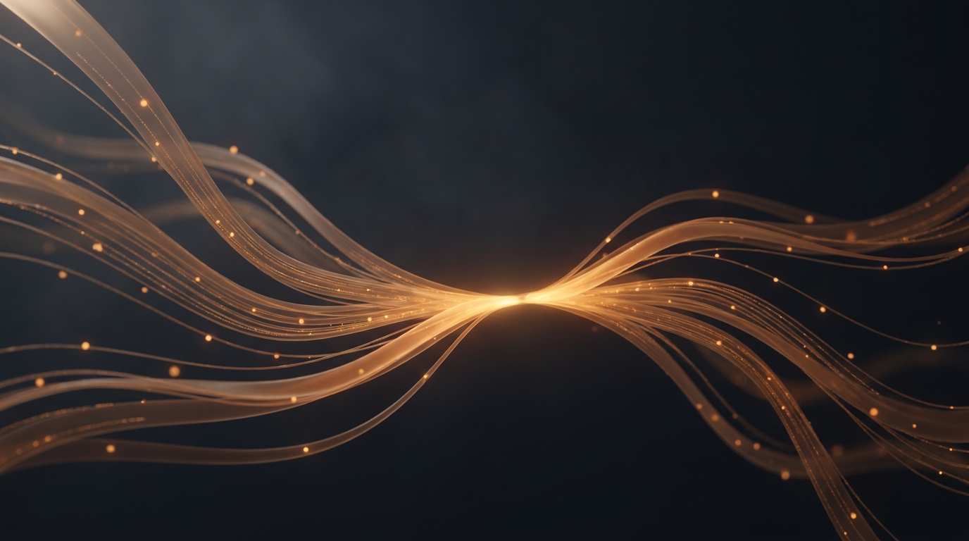 Abstract 3D illustration of flowing amber data ribbons curving through deep slate space, with soft particle trails converging toward a central glowing focal point