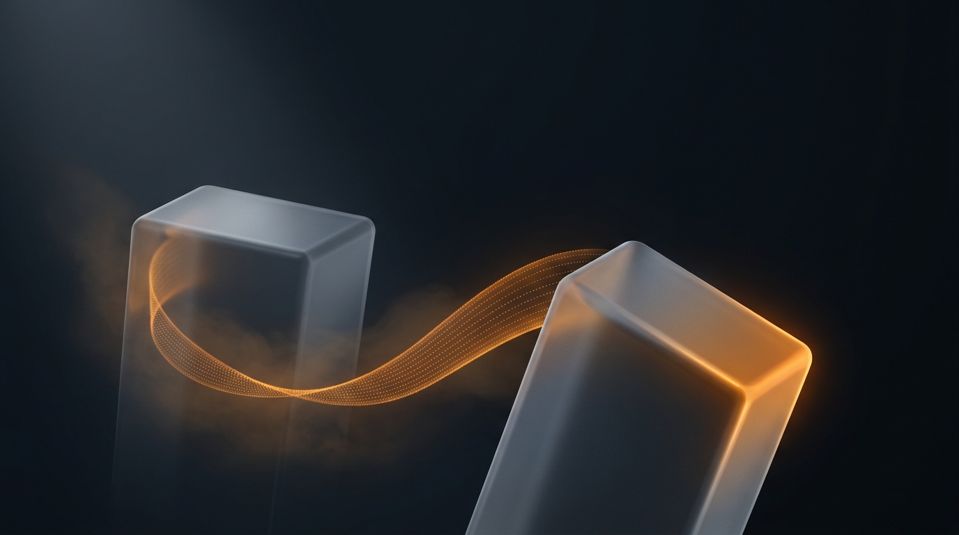 Abstract 3D illustration of flowing warm amber data ribbons transferring between two geometric forms on a deep slate background