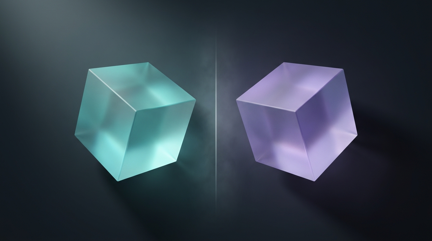 Two suspended geometric prisms facing each other, one cool teal and one soft violet, on a deep slate background with soft directional light