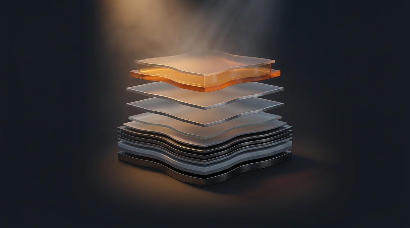 Abstract layered architectural landscape in deep slate, lit by warm amber light, showing stacked topographic planes rising through soft atmospheric haze.