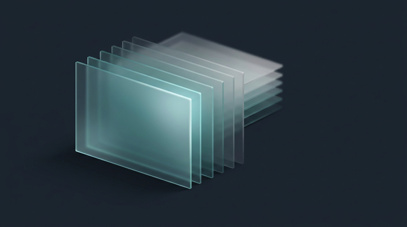 Abstract 3D illustration of layered translucent planes stacked in cool teal against a deep slate background, with soft directional light casting gentle depth across smooth frosted-glass surfaces.