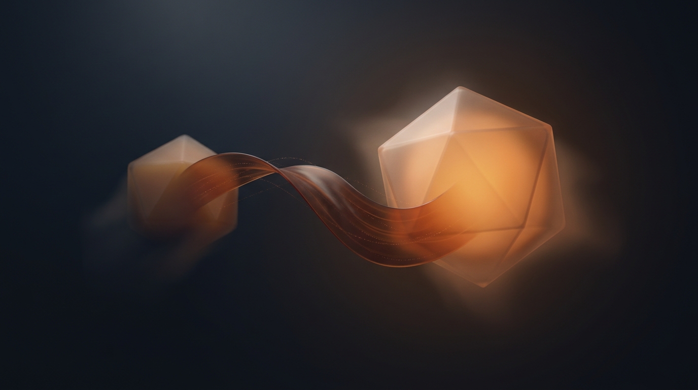 Abstract 3D illustration of two glowing soft-polymer forms handing off a light ribbon, deep slate background with warm amber accent light.