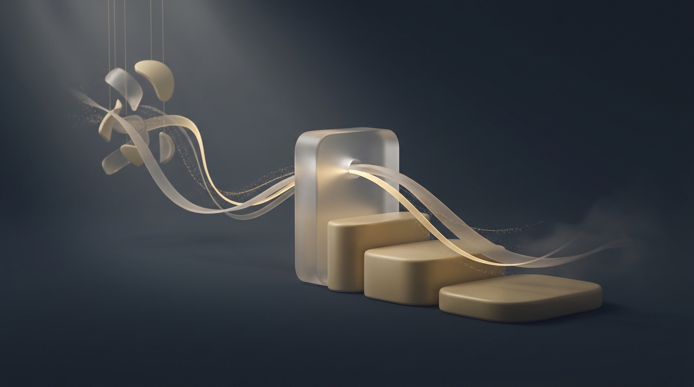 Abstract editorial illustration of glowing muted gold data ribbons flowing through soft polymer geometric forms against a deep slate background