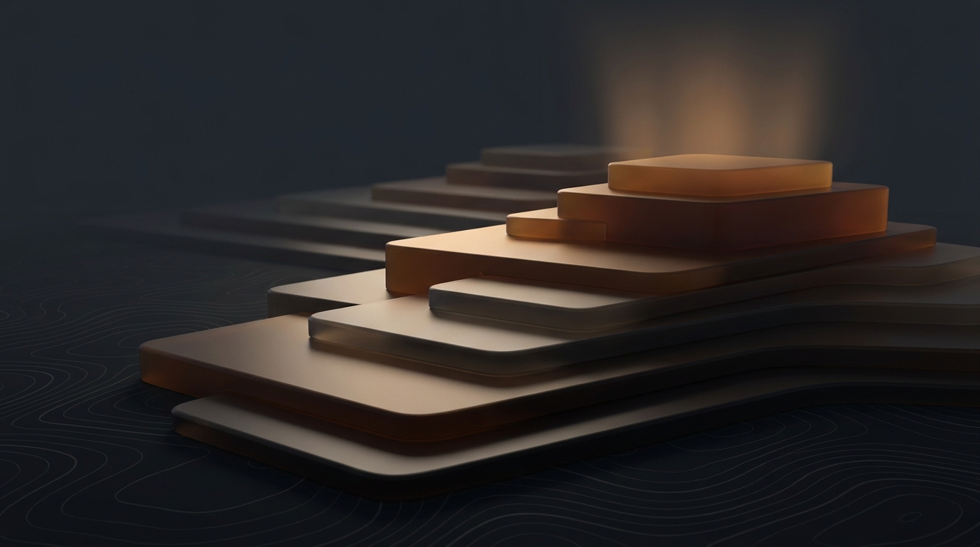 Abstract layered architectural tiers in warm amber light rising from a dark slate surface, with soft volumetric haze and a single directional light source