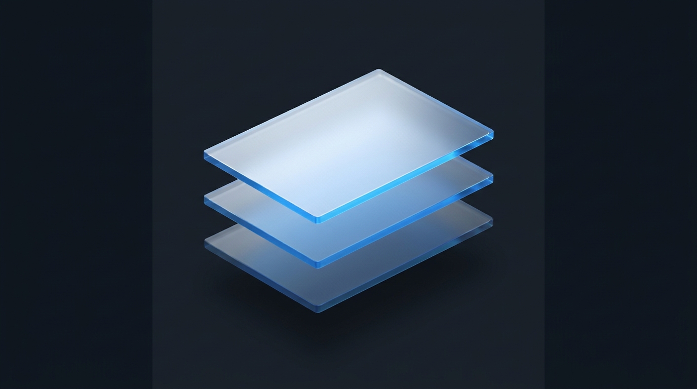 Layered translucent planes in electric blue suspended against a deep slate background, lit from a single left-side source with frosted glass material treatment.