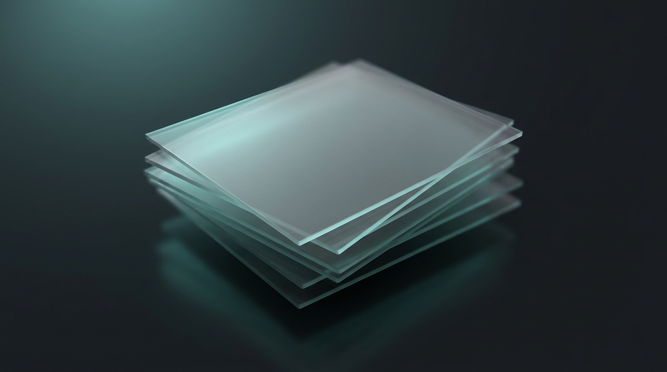 Abstract 3D illustration of layered translucent planes suspended above a deep slate surface, lit by a single cool teal light source, suggesting structured depth and control.