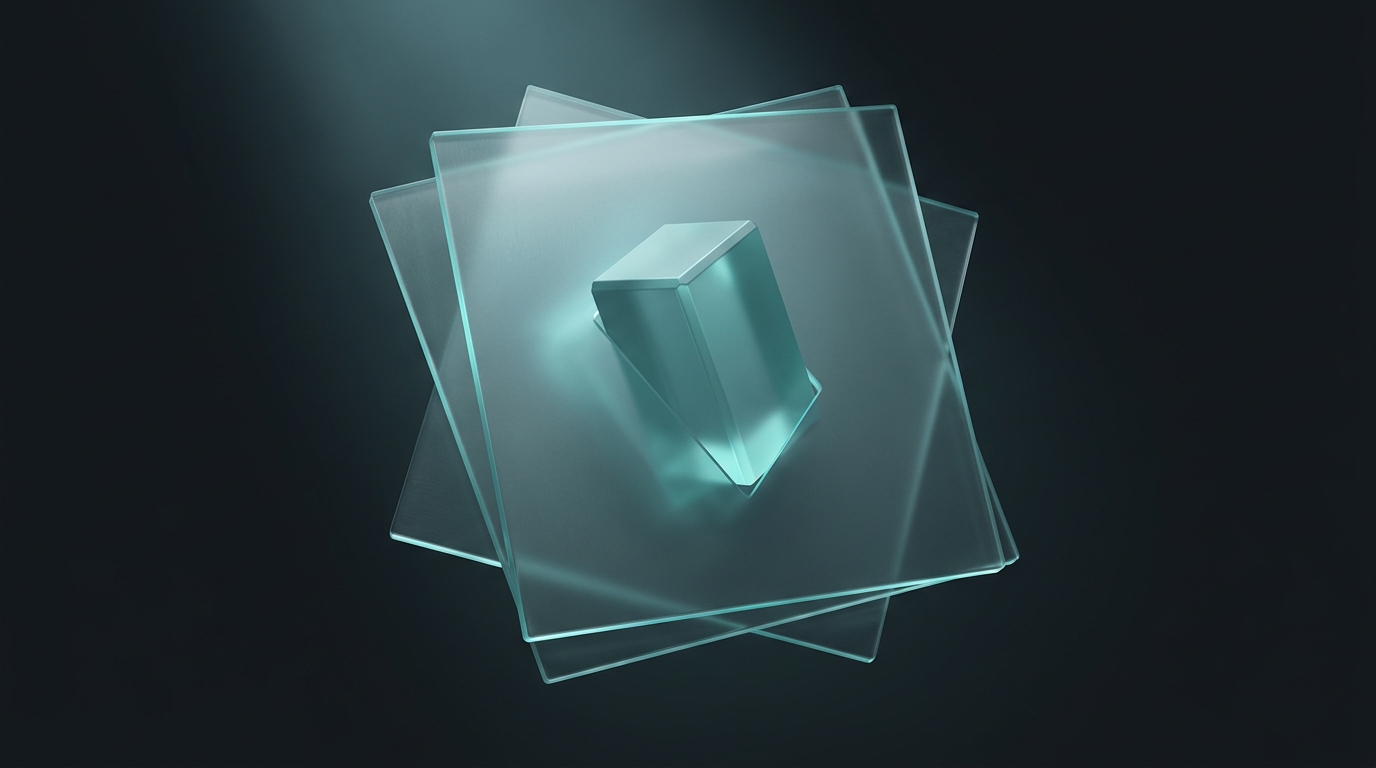 Abstract 3D illustration of layered translucent planes and a central geometric prism in cool teal, lit from above, on a deep slate background.