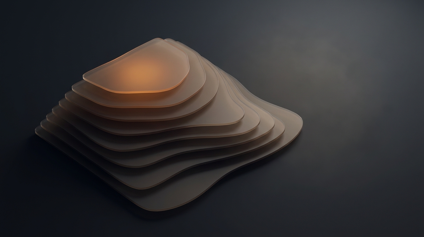 Abstract 3D topographic landscape with layered warm amber contour planes rising from a deep slate background, lit by a single soft directional light source.