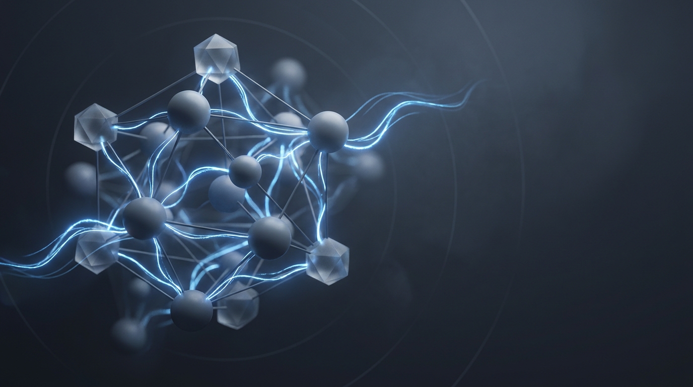 3D illustration of glowing electric-blue connected nodes with light pulses on deep slate background, frosted-glass geometric forms, soft directional lighting