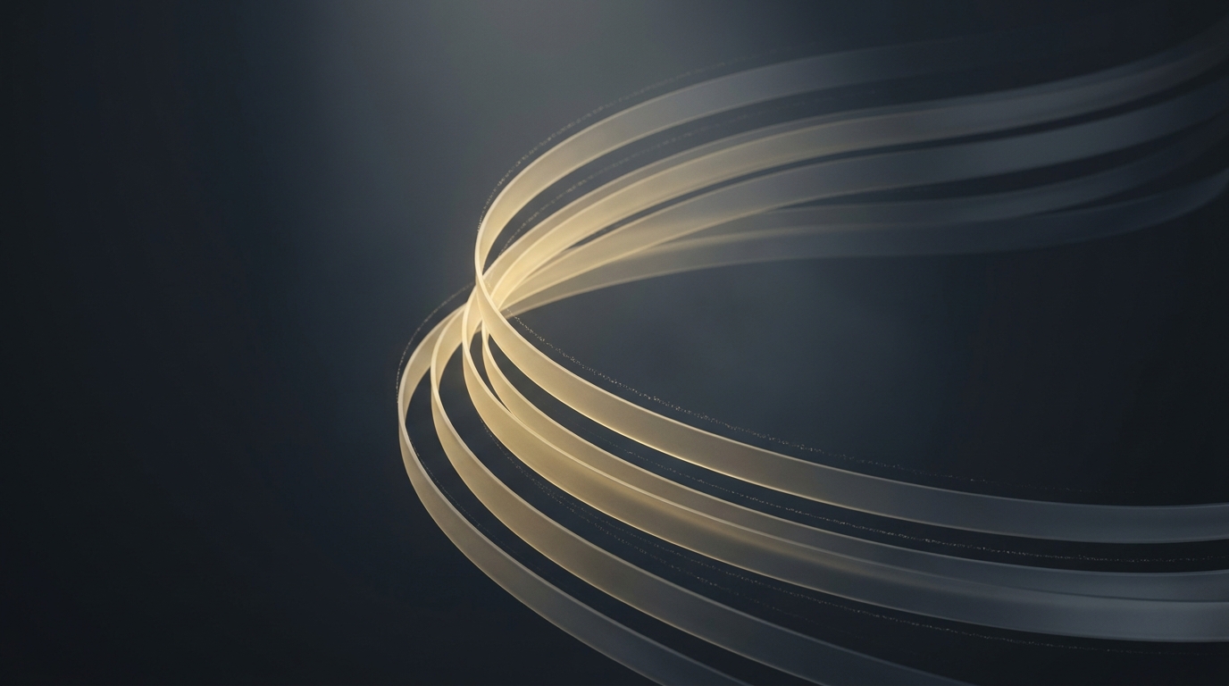 Editorial illustration of glowing muted gold data ribbons flowing through a dark slate background, with layered translucent planes fanning outward from a central point.