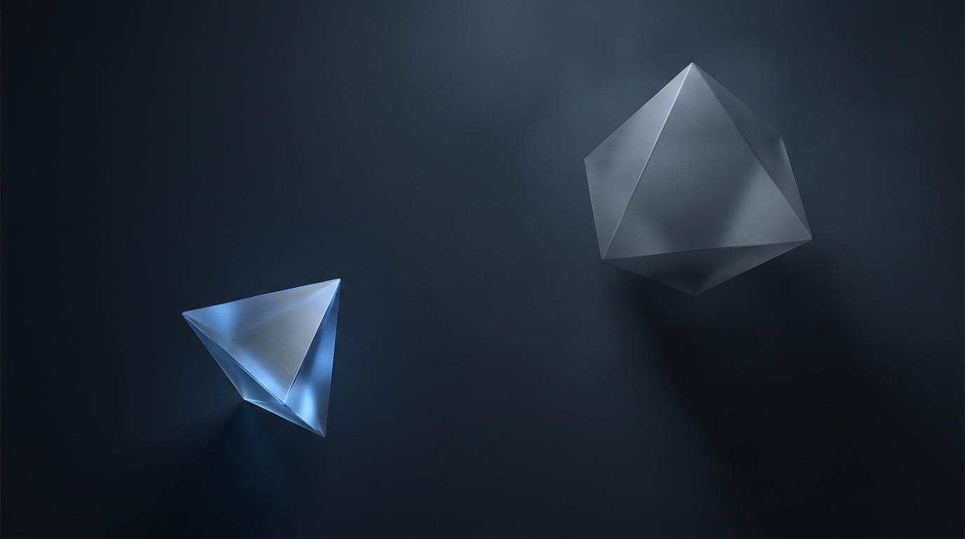 Two suspended geometric prisms of unequal scale facing each other, one electric blue, one gray, on a deep slate background with soft directional lighting