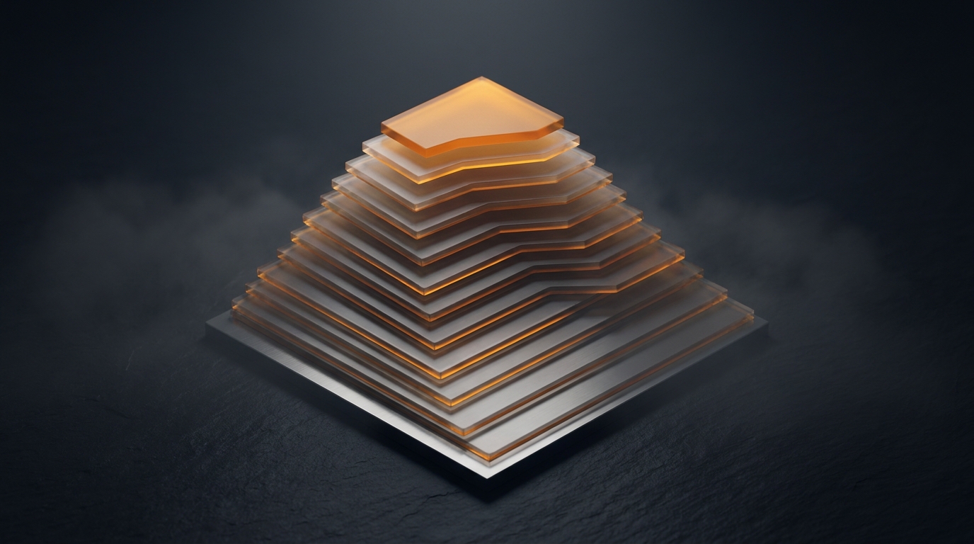 Abstract 3D architectural layers in deep amber rising from a dark slate surface, lit from above, representing multi-location campaign structure.