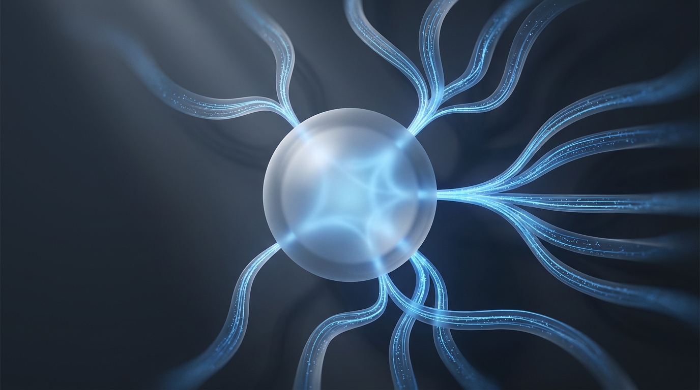 Abstract 3D illustration of flowing electric-blue data ribbons multiplying outward from a central frosted-glass node on a deep slate background