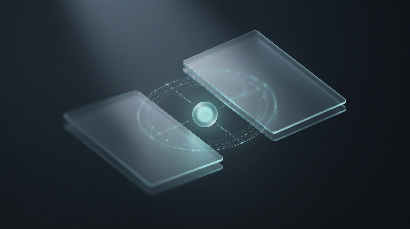Two translucent layered planes orbiting a central glowing node, rendered in cool teal against a deep slate background with soft directional lighting.