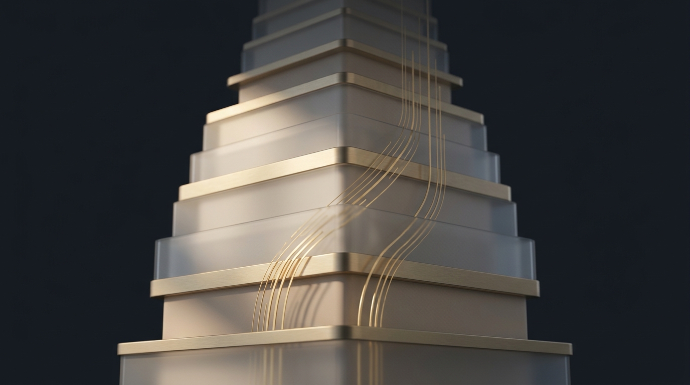 Abstract layered architectural forms in muted gold rising from a deep slate background, with flowing data ribbons curving upward through translucent frosted glass planes