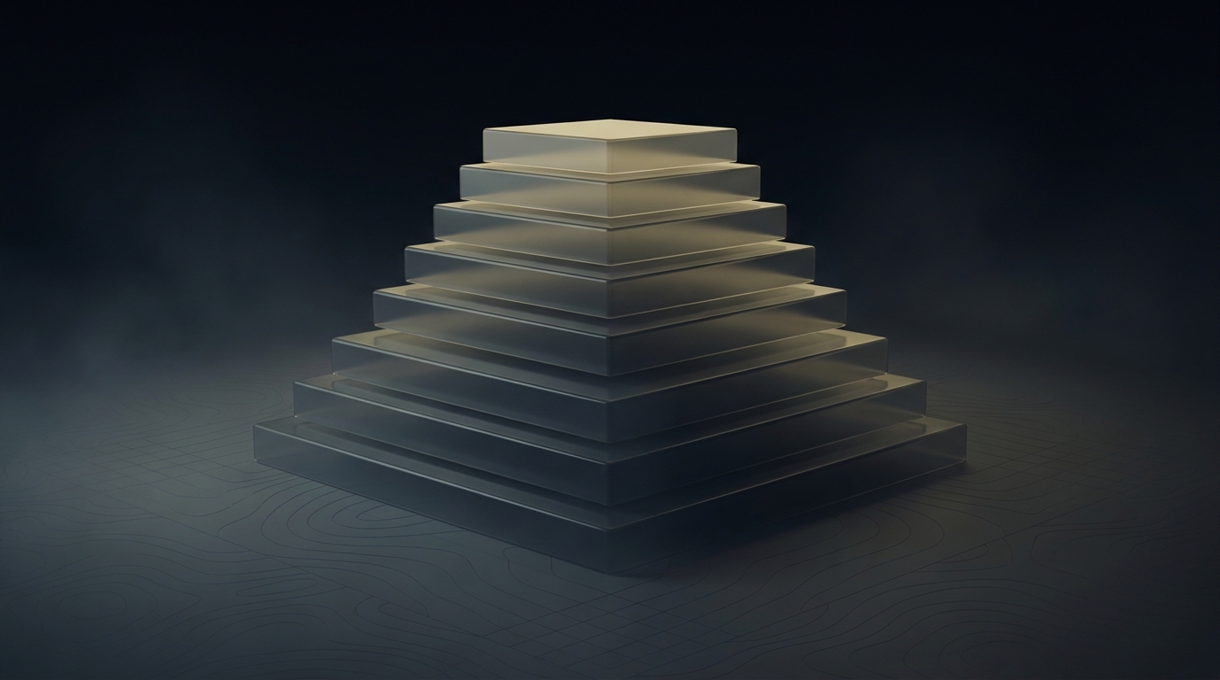 Abstract layered architectural tiers in muted gold rise from a dark slate base, lit by a single soft directional light source against a deep near-black background.