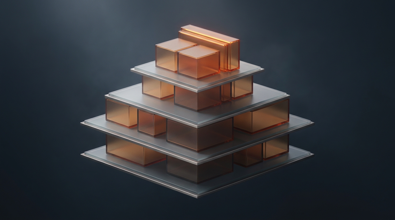 Abstract 3D layered architectural chambers in warm amber rising from a dark slate background, lit by a single soft directional light source.