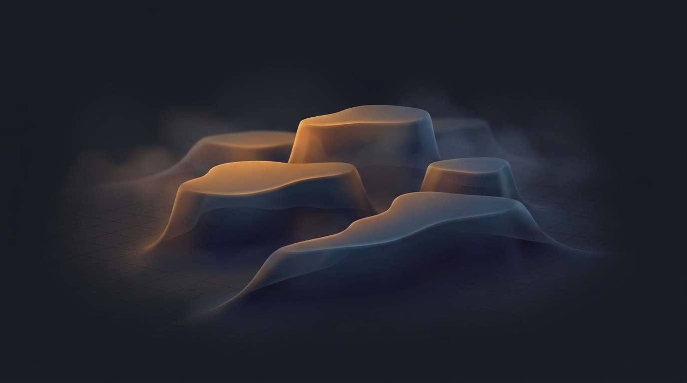 Abstract 3D topographic landscape with layered architectural forms in deep amber on a near-black slate background, soft directional lighting, smooth polymer surfaces