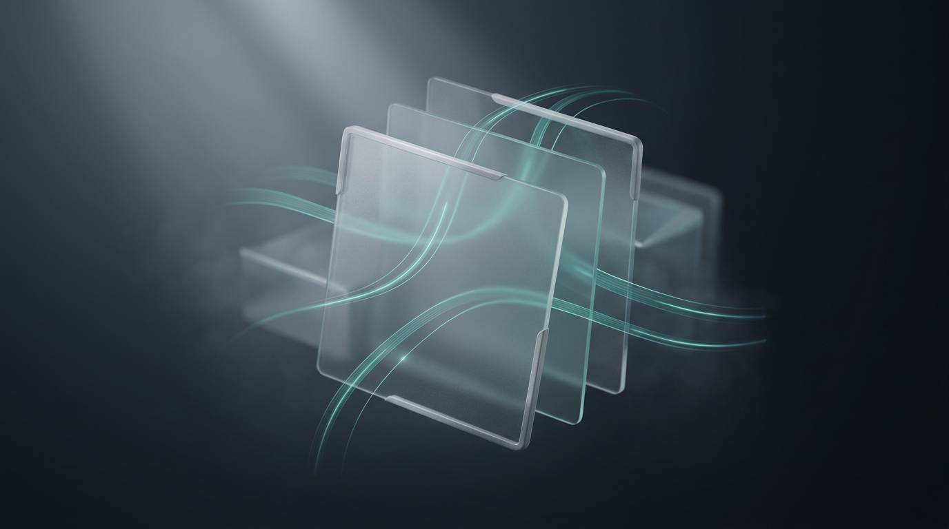 Abstract 3D illustration of layered translucent planes and flowing data ribbons in cool teal against a deep slate background, lit from a single soft directional source
