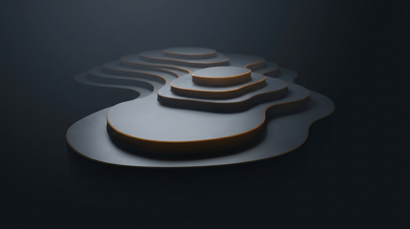 Layered architectural topographic landscape in deep amber rising from a near-black slate background, soft directional light from upper left, smooth polymer surfaces, 16:9 composition
