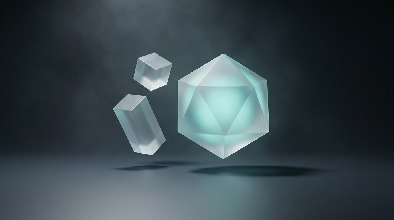 Three suspended geometric prisms in cool teal light float above a deep slate surface, each lit from one side, arranged in a balanced triangular composition.