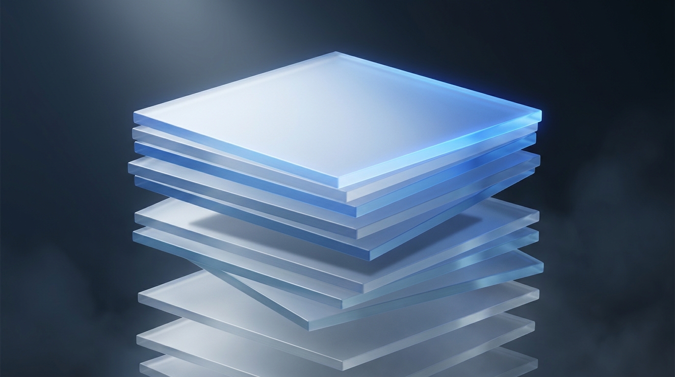 Abstract 3D illustration of layered translucent planes diverging from a central axis, lit in electric blue against a deep slate background.