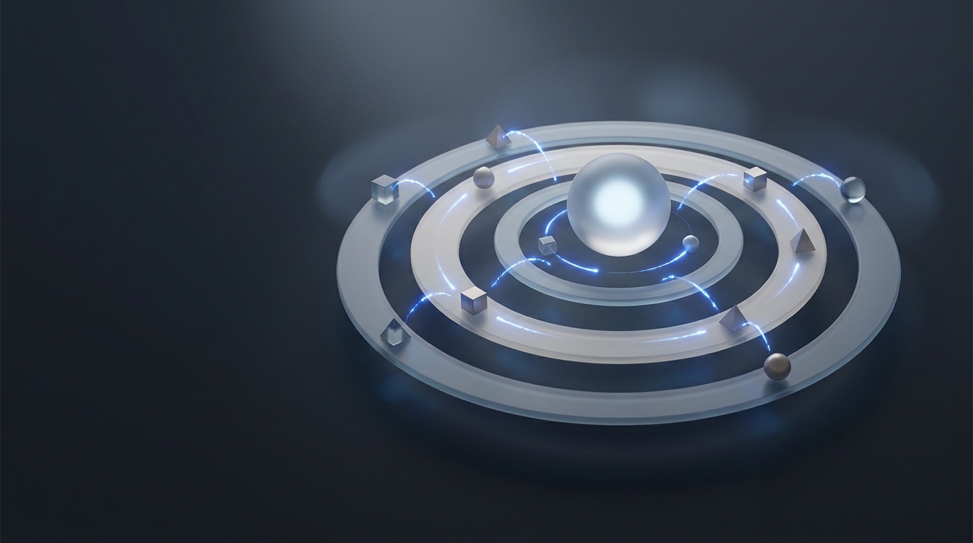 Abstract 3D illustration of concentric ring hierarchy with connected nodes and electric blue light pulses against a deep slate background