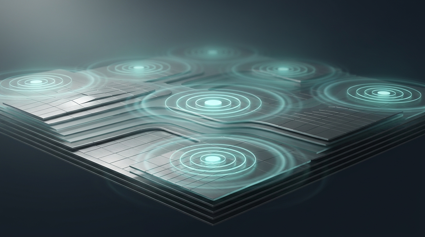 Abstract 3D illustration of a radial grid landscape with glowing cool teal concentric rings and layered translucent planes against a deep slate background