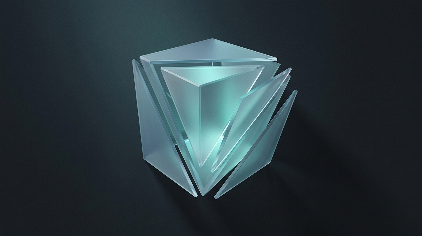 A cracked geometric prism with cool teal accent light dissolving into fragments against a deep slate background, surrounded by quiet negative space.